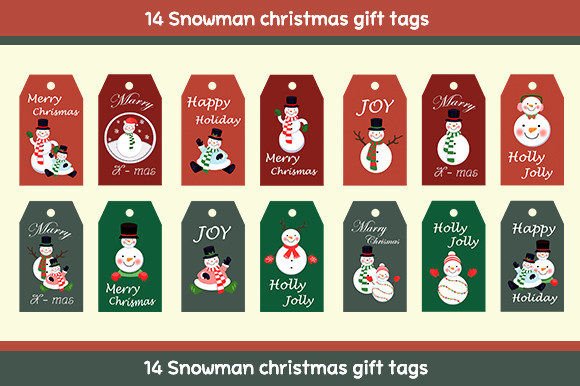 14 Snowman Christmas Gift Tags Set Illustrations
