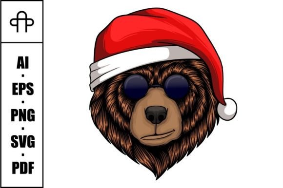 Bear Head Wearing Christmas Santa Hat for Illustrations