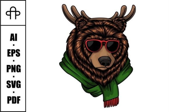 Bear Head Wearing Deer Antlers Christmas