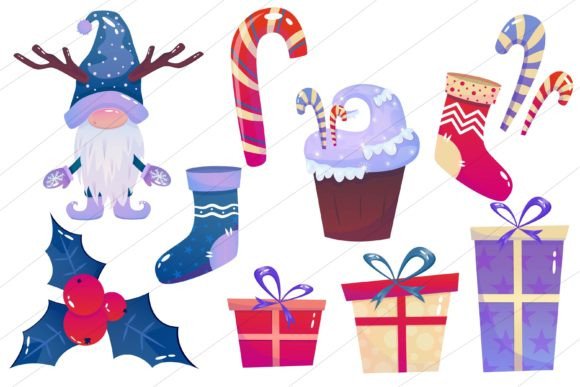Christmas Clipart with Gnome, Gift Illustrations