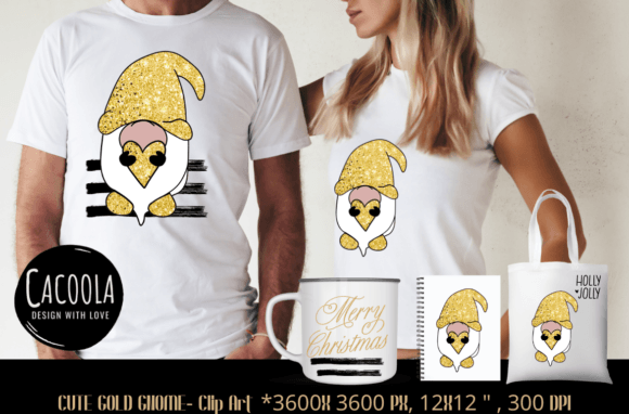 Christmas Gnome Gold Glitter Heart PNG Illustration