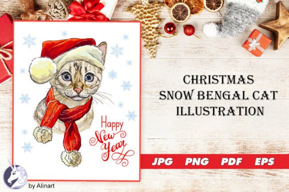 Christmas Snow Bengal Cat Illustration Review