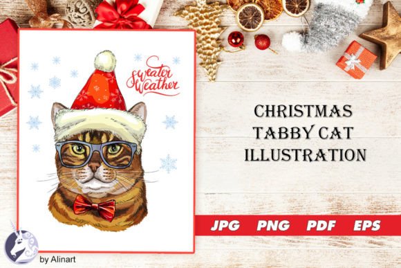Christmas Tabby Cat Illustration for Branding and Design Projects