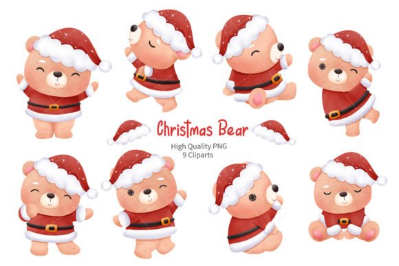 Cute Christmas Bear Clipart Set for Illustrations