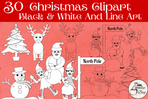 Cute Christmas Clipart Black White for Illustrations