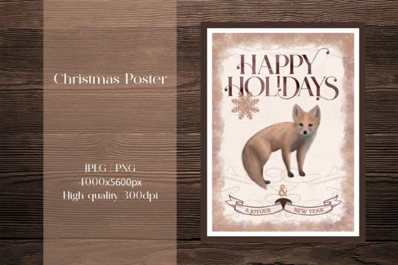Vintage Christmas Fox Poster Jpeg, Png Illustrations